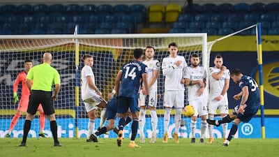 Granit Xhaka of Arsenal has a shot from a free kick at Elland Road. getty