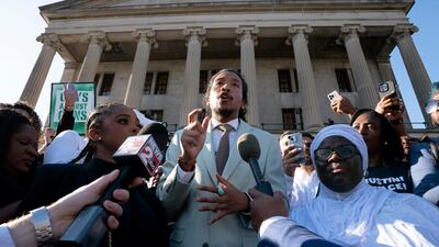State representative Justin Jones speaks outside the State Capitol in Nashville, Tennessee. He has been reinstated to the House after a brief expulsion. AP