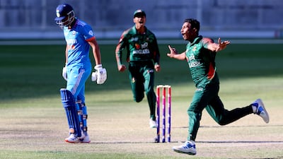 Bangladesh's Iqbal Hossain Emon celebrates the wicket of India batter Nikhil Kumar of India during the U19 Asia Cup final at Dubai International Cricket Stadium. CREIMAS for Asian Cricket Council