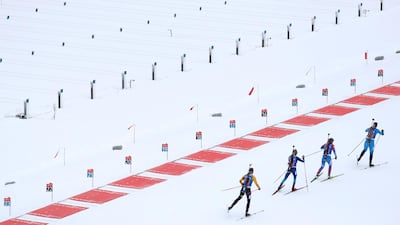 Competitors arrive at the shooting range during the women's 4x6km relay race at the Biathlon World Cup in Oberhof, Germany, on Saturday, January 16. AP