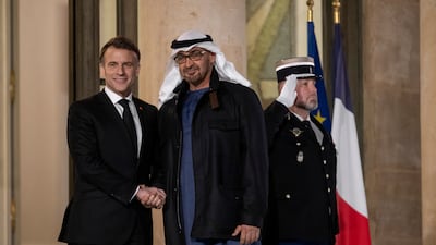 President Sheikh Mohamed meets French President Emmanuel Macron at Elysee Palace in Paris, during a working visit. Hamad Al Kaabi / UAE Presidential Court