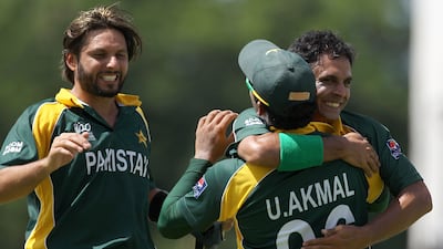 Pakistan celebrate the wicket of New Zealand batsman Martin Guptil during the T20 World Cup Super Eight match at the Kensington Oval in Barbados on May 8, 2010. Getty