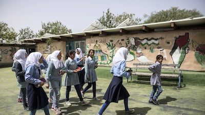 Bedouin children in the yard of the elementary school in the tiny West Bank Beduin village of Khan al-Ahmar on May 2,2018. The school and the village face a demolition order which the Israeli Supreme Court is expected to rule on in the coming week. Heidi Levine / The National