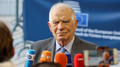 The EU High Representative for Foreign Affairs and Security Policy Josep Borrell speaks to the media as he arrives for a meeting in Luxembourg. EPA