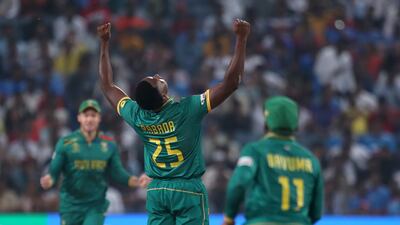 Kagiso Rabada of South Africa celebrates the wicket of New Zealand's Tom Latham. Getty