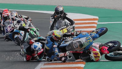 Moto3 riders crash during the Valencia Grand Prix at the Ricardo Tormo Circuit on Sunday, November 17. AP