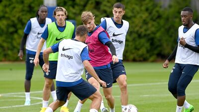 Chelsea's Timo Werner, Kai Havertz and Callum Hudson-Odoi during a training in Cobham. Getty