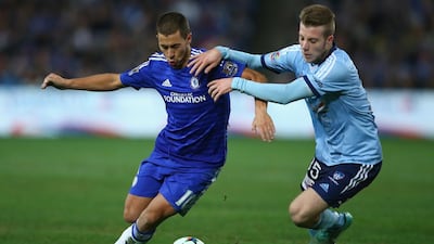 Eden Hazard of Chelsea and Andrew Hoole of Sydney FC compete for the ball during the international friendly match between Sydney FC and Chelsea FC at ANZ Stadium on June 2, 2015 in Sydney, Australia. (Photo by Mark Kolbe/Getty Images)