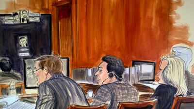 FILE - In this Nov. 28, 2017 court room sketch, defendant, Mehmet Hakan Atilla, center, listens to proceedings from the defense table, in New York on November 28. Turkey's president says the New York trial of the Turkish banker, Atilla, is a US conspiracy being staged to "blackmail" and "blemish" his country. Elizabeth Williams / AP