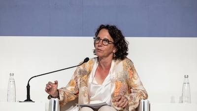 Yasmine Praz Dessimoz, director of operations with the International Committee of the Red Cross, speaks during the Dubai International Humanitarian Aid conference. Antonie Robertson / The National