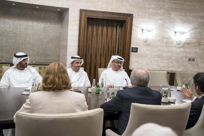 Sheikh Mohammed bin Zayed, Crown Prince of Abu Dhabi and Deputy Supreme Commander of the UAE Armed Forces, meets with members of The Washington Institute for Near East Policy, at Al Shati Palace. Mohammed Al Hammadi / Crown Prince Court