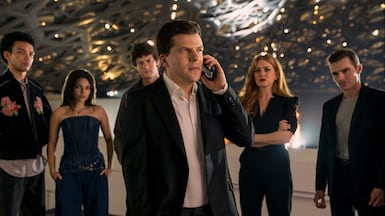 From left, Justice Smith as Charlie, Ariana Greenblatt as June, Dominic Sessa as Bosco, Jesse Eisenberg as Daniel Atlas, Isla Fisher as Henley Reeves, and Dave Franco as Jack Wilder seen at Louvre Abu Dhabi in Now You See Me: Now You Don't. Photo: Lionsgate