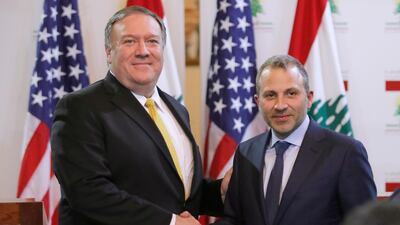 U.S. Secretary of State Mike Pompeo shakes hands with Lebanese Foreign Minister Gebran Bassil after a public statement in Beirut, Lebanon, Friday, March 22, 2019. (Jim Young/Pool Image via AP)