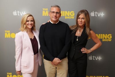 Reese Witherspoon, Steve Carrel and Jennifer Aniston at the press day for 'The Morning Show' in LA earlier this month. Courtesy Apple.