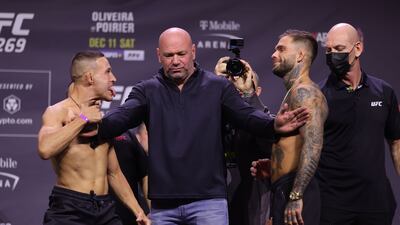 Kai Kara-France and Cody Garbrandt face off during the UFC 269 ceremonial weigh-in. Getty Images
