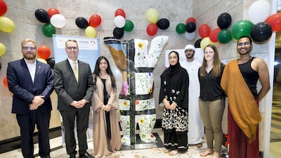 (L-R) Felix Beck, design professor NYUAD, Ambassador of Federal Republic of Germany Peter Fischer, Latifah Khoory, Alanoud Hindi Alshamsi, Ahmed Almahmood, Katharina Klaunig and Nisala Saheed
