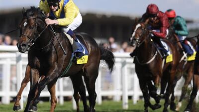 Jockey Adam Kirby, left, shown here riding Moohaajim to a win at the Dubai Duty Free Mill Reef Stakes at the Newbury Racecourse in 2012, missed out on the winning ride aboard Postponed in Saturday’s King George VI and Queen Elizabeth Stakes at Ascot. Alan Crowhurst/Getty Images