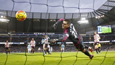 Manchester City’s Wilfried Bony scores their third goal on Saturday in a Premier League victory over Sunderland. Jason Cairnduff / Action Images / Reuters