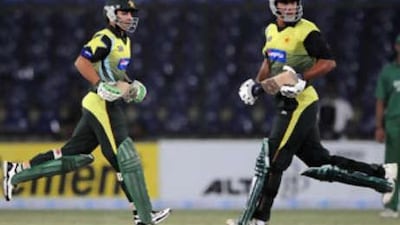 Pakistani cricketer Salman Butt (L) and teammate Nasir Jamshed run between the wickets during the Super League Asia Cup match between Pakistan and Bangladesh.
