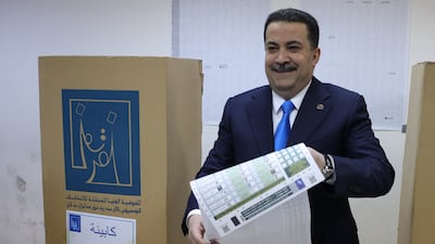 Iraqi Prime Minister Mohammed Shia Al Sudani votes at a polling station in the Green Zone during the parliamentary election, in Baghdad on November 11. Reuters