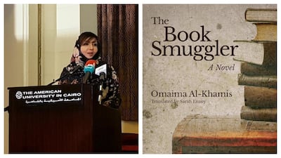 Saudi writer Omaima Al-Khamis, left, received the Naguib Mahfouz Medal for Literature in 2018 for her novel 'The Book Smuggler', right, which as been translated into English. Reuters, AUC Press