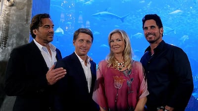 From left, Thorsten Kaye, Bradley Bell, Katherine Kelly Lang and Don Diamont of The Bold and the Beautiful are in the UAE to shoot episodes of the soap opera in Dubai and Abu Dhabi. Satish Kumar / The National / March 16, 2014
