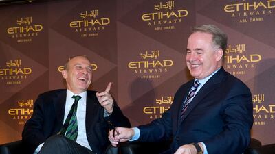 Giorgio Starace, left, the Italian ambassador to the UAE, with James Hogan, the president and chief executive of Etihad Airways, in Rome yesterday where he discussed the Abu Dhabi carrier’s acquisition of Alitalia. Chris Warde-Jones for The National