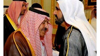 Prince Nayef bin Abdulaziz Al Saud, left, receives condolences from Sheikh Mohammed bin Rashid, Vice President of the UAE and Ruler of Dubai, during the funeral for Prince Sultan bin Abdulaziz Al Saud.