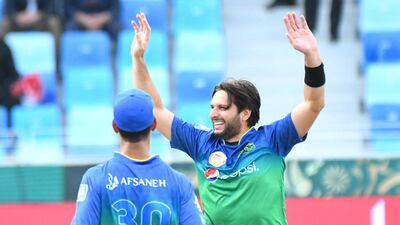 Multan Sultans all-rounder Shahid Afridi celebrates taking the wicket of Islamabad batsman Luke Ronchi for 51. Courtesy Pakistan Cricket Board