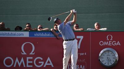 Ernie Els of South Africa hits his tee shot on the 17th hole during the first round of the Omega Dubai Desert Classic at The Emirates Golf Club on February 4, 2016 in Dubai, United Arab Emirates. (Photo by Ross Kinnaird/Getty Images)