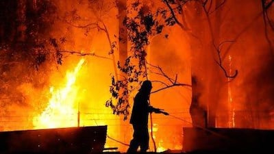 A fireman is almost surrounded by red hot flames as he protects a property near the town of Wandandian south of Nowra.