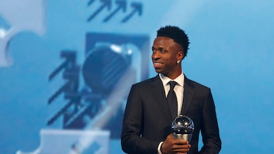 Brazilian forward Vinicius Junior poses with the Best Player trophy during the Best Fifa Football Awards 2024 ceremony in Doha. AFP