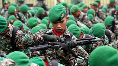 Indonesian soldiers train in Jakarta before potential overseas assignments, including peacekeeping missions. EPA