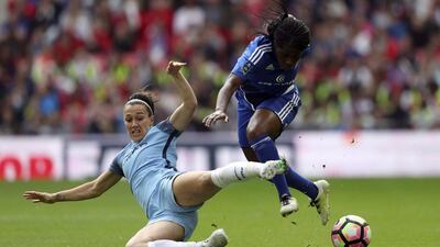 Manchester City’s Lucy Bronze, left, and Birmingham City’s Freda Ayisi battle for the ball during the Women’s FA Cup final at Wembley Stadium, London, Saturday May 13, 2017. Adam Davy / PA