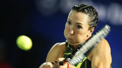 Jelena Jankovic of Serbia returns the ball to Belinda Bencic of Switzerland during their first round match of the Dubai Duty Free Tennis WTA Championships in Dubai, United Arab Emirates, 16 February 2016. EPA/ALI HAIDER