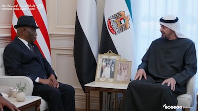 President Sheikh Mohamed with Joseph Boakai, President of Liberia, in Abu Dhabi. Wam