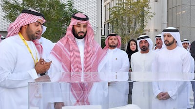 Sheikh Hamdan bin Mohammed, Crown Prince of Dubai, and Saudi Crown Prince Mohammed bin Salman visit the Expo 2020 Dubai site on Thursday. Wam