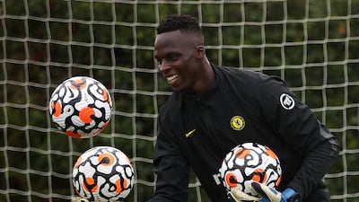 Edouard Mendy of Chelsea in action during Chelsea training.