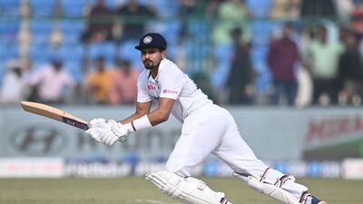 India's Shreyas Iyer plays a shot during the fourth day of the first Test cricket match between India and New Zealand at the Green Park Stadium in Kanpur on November 28, 2021. (Photo by Sajjad HUSSAIN / AFP) / IMAGE RESTRICTED TO EDITORIAL USE - STRICTLY NO COMMERCIAL USE
