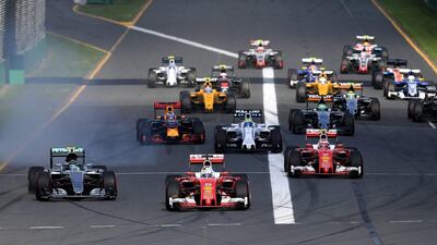 Formula One drivers take the first corner at the start of the Australian Grand Prix at the Albert Park circuit in Melbourne, Australia, 20 March 2016. EPA/JOE CASTRO