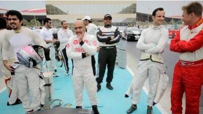 From left, Raed Raffii, Hamed Al Wahaibi, Saeed Al Mehairi, Tonio Liuzzi and Mika Salo chat before the drag racing at Yas Marina. Sammy Dallal / The National