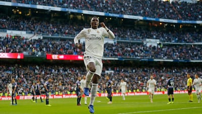 Real Madrid's Vinicius Junior celebrates after scoring his side's first goal. AP Photo