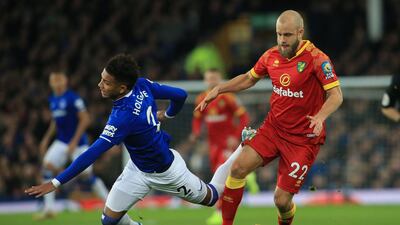 Norwich City, in red, pulled off a rare away win, against Everton. AFP