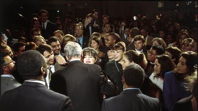 Monica Lewinsky Embraces President Bill Clinton At A Democratic Fundraiser in 1996. Dirck Halstead/Getty Images