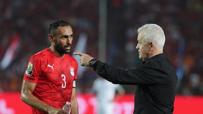 Javier Aguirre, head coach of Egypt, gives instructions captain Ahmed Elmohamady. EPA
