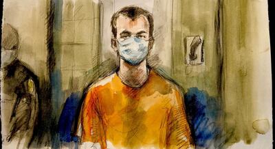 A courtroom sketch shows Nathaniel Veltman appearing before a judge in London, Ontario. Handout via Reuters