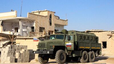 A Russian troop carrier in the southern Syrian district of Deraa Al Balad on August 24, 2021, before fighting flared up between rebels and Syrian regime forces. Photo: AFP