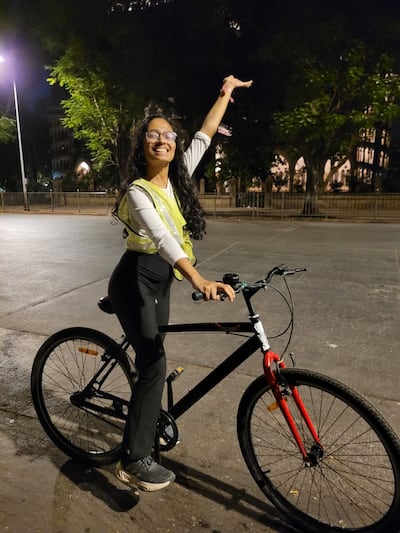 A participant during a women-only night biking tour in Mumbai. Photo: Legends of Bombay Bards