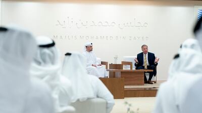 Audience members listen to a lecture by Mike Pompeo, former US secretary of state, right, pictured with moderator Omar Saif Ghobash, Assistant Minister for Cultural Affairs, at the Mohamed bin Zayed Majilis. The lecture was titled: The United States and the United Arab Emirates: Shared Challenges and Opportunities. Abdulla Al Neyadi / Ministry of Presidential Affairs