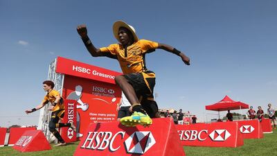 Two youngsters race in the HSBC skills zone at the HSBC Rugby Festival at the Sevens Stadium on January 28, 2017 in Dubai, United Arab Emirates. Getty Images